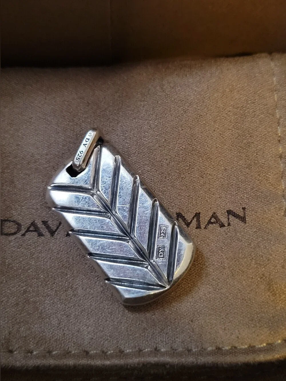 David Yurman Ruby Stone 925 Sterling Silver Dog Tag Pendant Chevron Collection